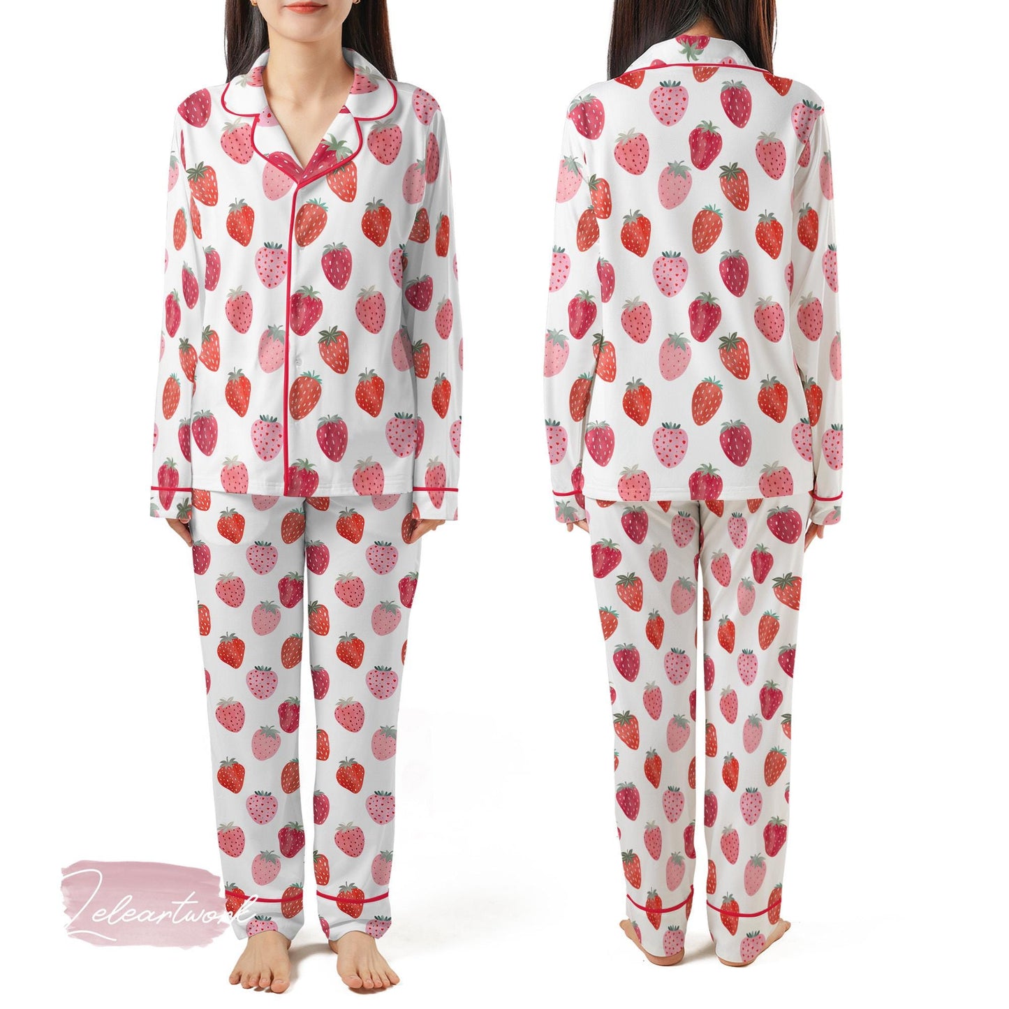 Jam Strawberry Set – Cute Summer Pajamas with Pink and Red Strawberry Print, Short Sleeve Button Top & Shorts, Soft Women’s Sleepwear Gift