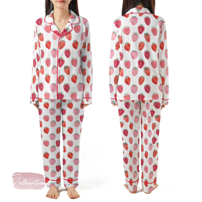 Jam Strawberry Set – Cute Summer Pajamas with Pink and Red Strawberry Print, Short Sleeve Button Top & Shorts, Soft Women’s Sleepwear Gift