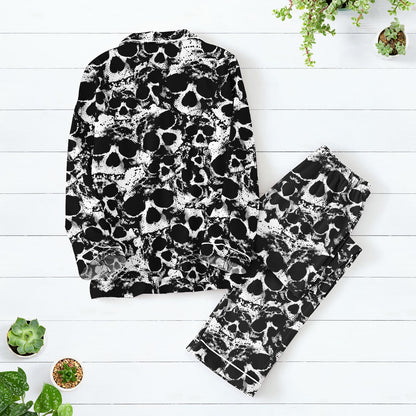 Skull Thick Pajamas, Cozy Skull Sleepwear for Women, Button Up Pjs Set, Warm Outfit Gifts for Skull Lovers, Gothic Skull Merch
