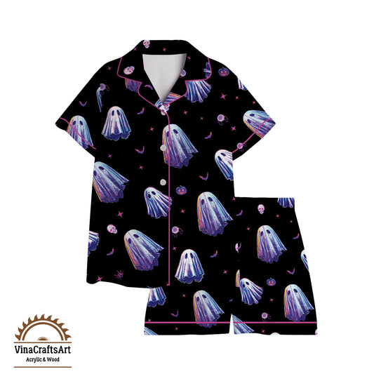 Spooky Ghost Pajama Set – Cute Halloween PJs for Women, Purple Ghost Print Sleepwear, Cozy Fall Loungewear, Kawaii Nightwear