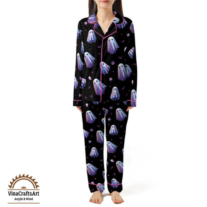 Spooky Ghost Pajama Set – Cute Halloween PJs for Women, Purple Ghost Print Sleepwear, Cozy Fall Loungewear, Kawaii Nightwear