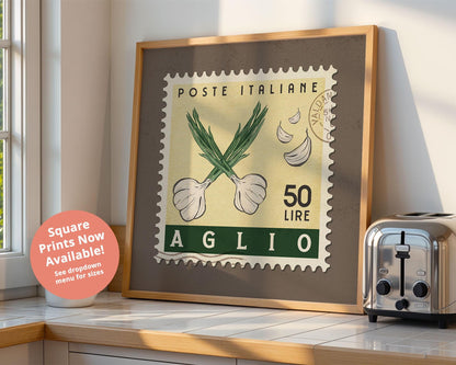 Garlic Wall Art, Retro Stamp Poster | Retro Kitchen Print | Italian Food Art Print, Trendy Kitchen Decor, Unique Food Gift