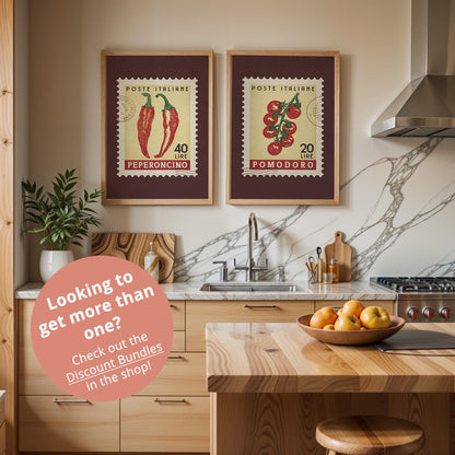 Garlic Wall Art, Retro Stamp Poster | Retro Kitchen Print | Italian Food Art Print, Trendy Kitchen Decor, Unique Food Gift