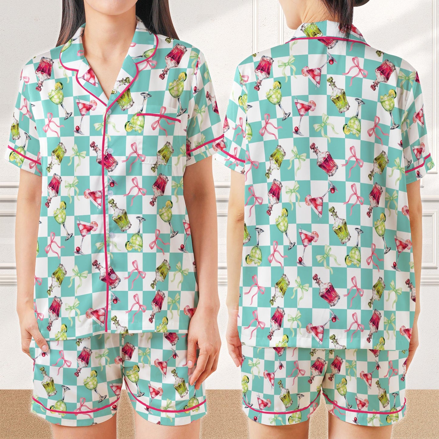 Coquette Margarita Cocktail Pajamas Set, Drinking Pajama Sleepwear Short Sleeve Pajama Set, Checkered Margarita Lover Home Wear Set