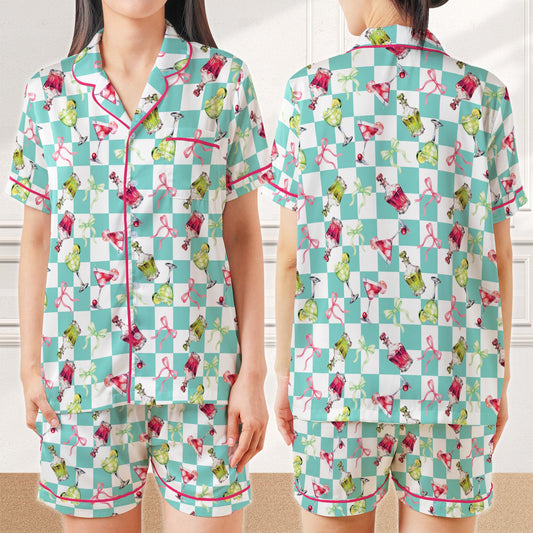 Coquette Margarita Cocktail Pajamas Set, Drinking Pajama Sleepwear Short Sleeve Pajama Set, Checkered Margarita Lover Home Wear Set