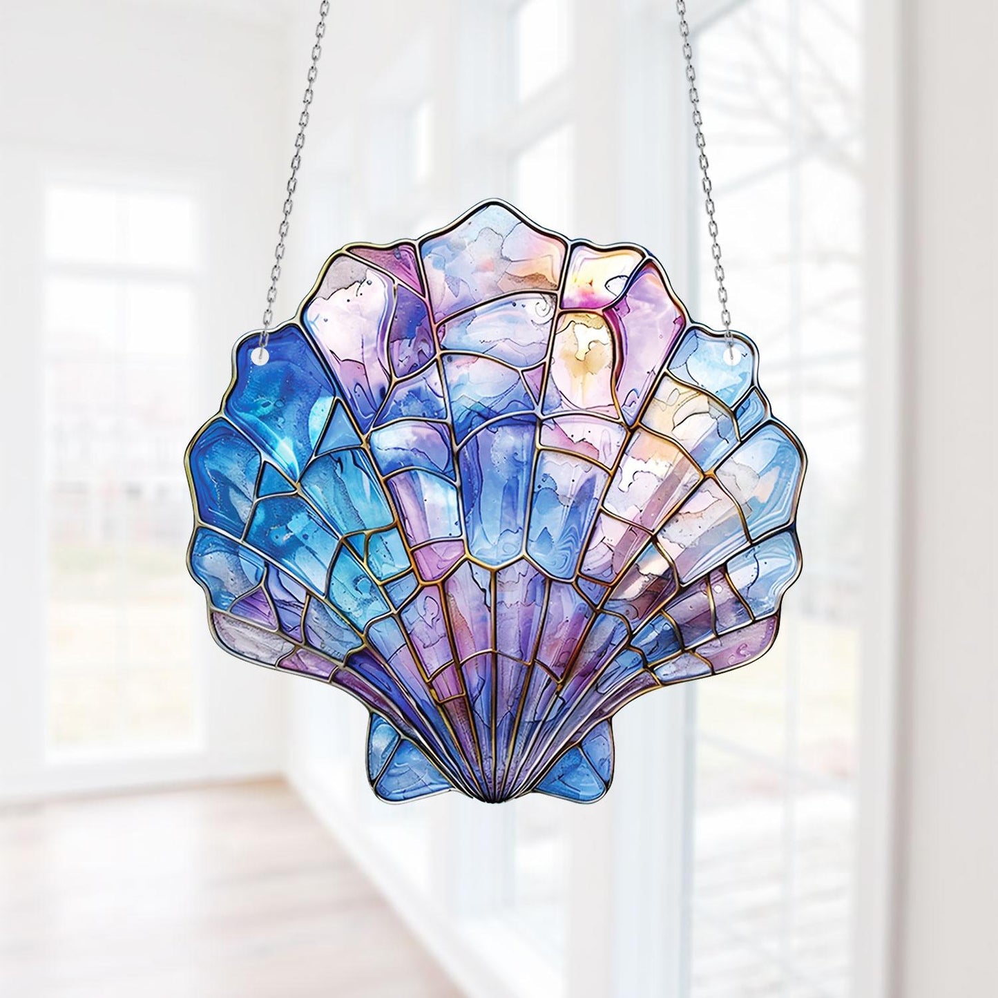Mermaid Seashell Window Hanging, Iridescent Pastel Ocean Suncatcher, Stained Glass Style Coastal Decor, Nautical Summer Gift Idea