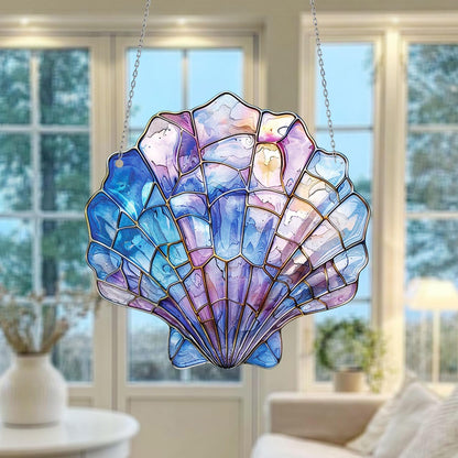 Mermaid Seashell Window Hanging, Iridescent Pastel Ocean Suncatcher, Stained Glass Style Coastal Decor, Nautical Summer Gift Idea