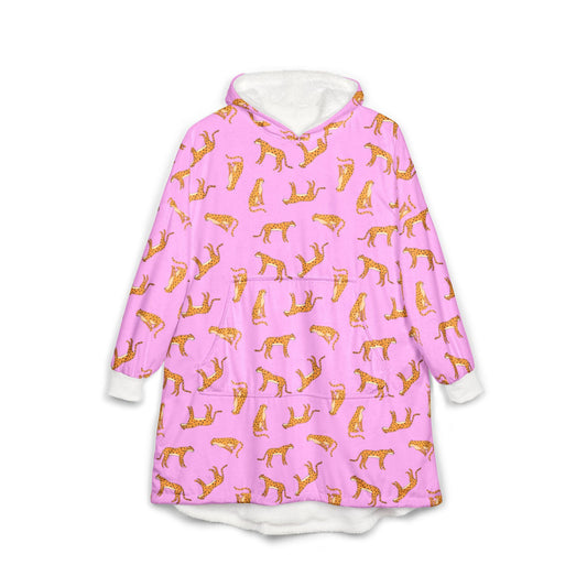 Cheetah Print Hooded Blanket: Pink Animal Cozy Wrap with Kangaroo Pocket