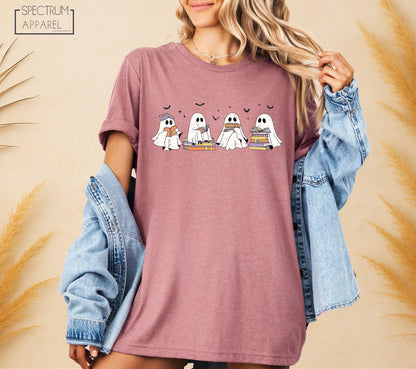 Halloween Reading Ghosts T-Shirt, Bookworm Ghost Fall Tee, Spooky Season Reading T-Shirt, Cute Ghost Book Stack Shirt, Autumn Reading Tee