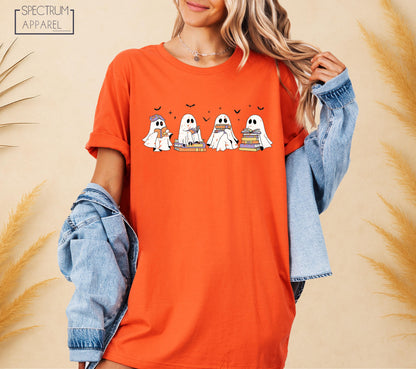 Halloween Reading Ghosts T-Shirt, Bookworm Ghost Fall Tee, Spooky Season Reading T-Shirt, Cute Ghost Book Stack Shirt, Autumn Reading Tee