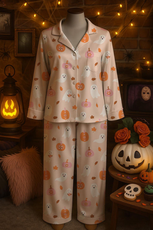 Halloween Season Pajamas Set, Cozy Spooky Matching Pajamas Set, Fall Season Boo Ghost Pajamas, Cute Ghost Pumpkin Bat Spider Web Sleepwear