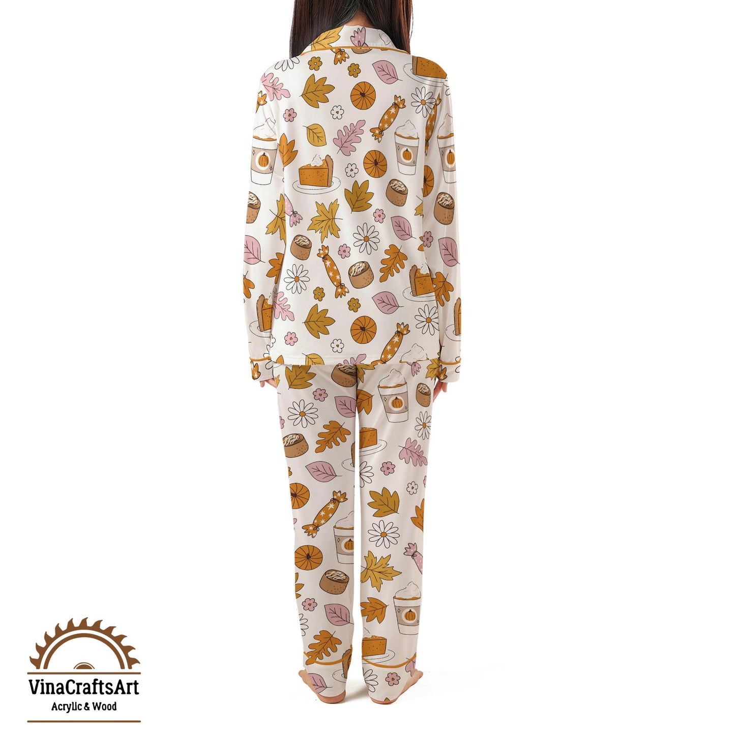 Fall Pajama Set – Pumpkin Spice & Autumn Leaves PJs, Cozy Thanksgiving Sleepwear, Cute Fall Loungewear for Women, Soft Pajamas Gift