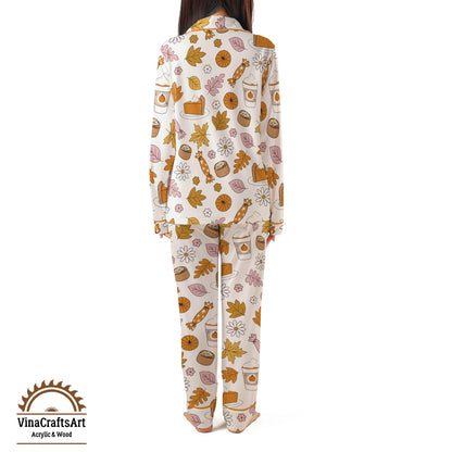 Fall Pajama Set – Pumpkin Spice & Autumn Leaves PJs, Cozy Thanksgiving Sleepwear, Cute Fall Loungewear for Women, Soft Pajamas Gift
