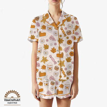 Fall Pajama Set – Pumpkin Spice & Autumn Leaves PJs, Cozy Thanksgiving Sleepwear, Cute Fall Loungewear for Women, Soft Pajamas Gift