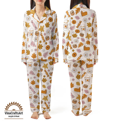 Fall Pajama Set – Pumpkin Spice & Autumn Leaves PJs, Cozy Thanksgiving Sleepwear, Cute Fall Loungewear for Women, Soft Pajamas Gift
