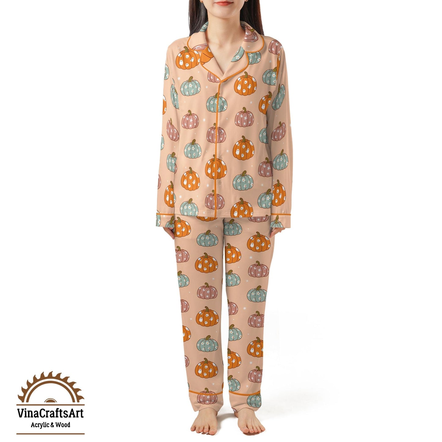Pumpkin Pajama Set – Cute Fall PJs for Women, Pastel Halloween Sleepwear, Cozy Autumn Loungewear, Soft Pumpkin Print Gift
