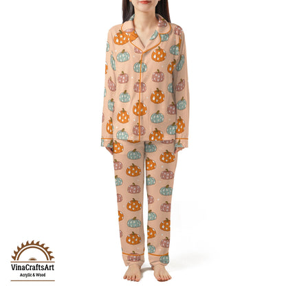 Pumpkin Pajama Set – Cute Fall PJs for Women, Pastel Halloween Sleepwear, Cozy Autumn Loungewear, Soft Pumpkin Print Gift