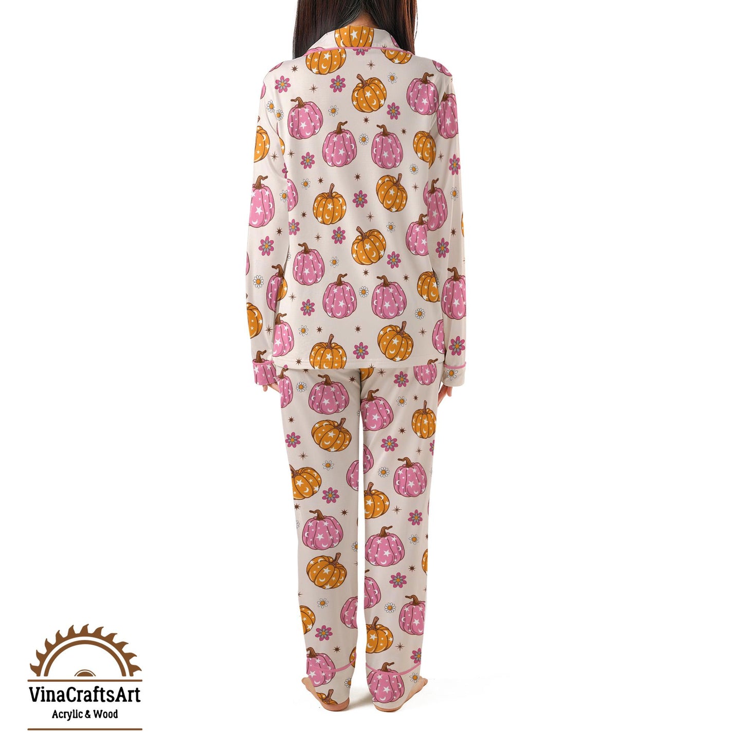 Pink Pumpkin Pajama Set – Cute Fall PJs for Women, Pastel Halloween Sleepwear, Cozy Autumn Loungewear, Soft Pumpkin Print Gift