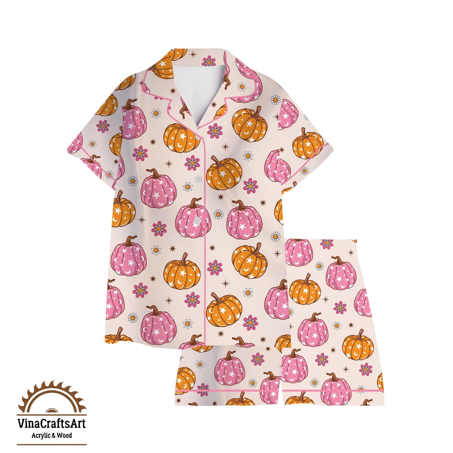 Pink Pumpkin Pajama Set – Cute Fall PJs for Women, Pastel Halloween Sleepwear, Cozy Autumn Loungewear, Soft Pumpkin Print Gift