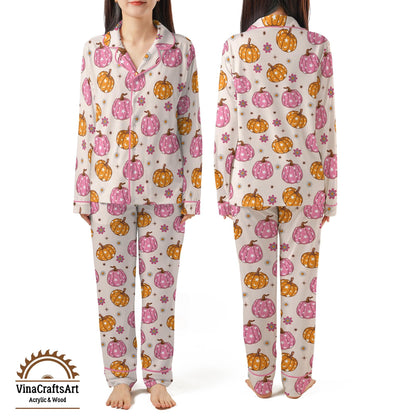 Pink Pumpkin Pajama Set – Cute Fall PJs for Women, Pastel Halloween Sleepwear, Cozy Autumn Loungewear, Soft Pumpkin Print Gift