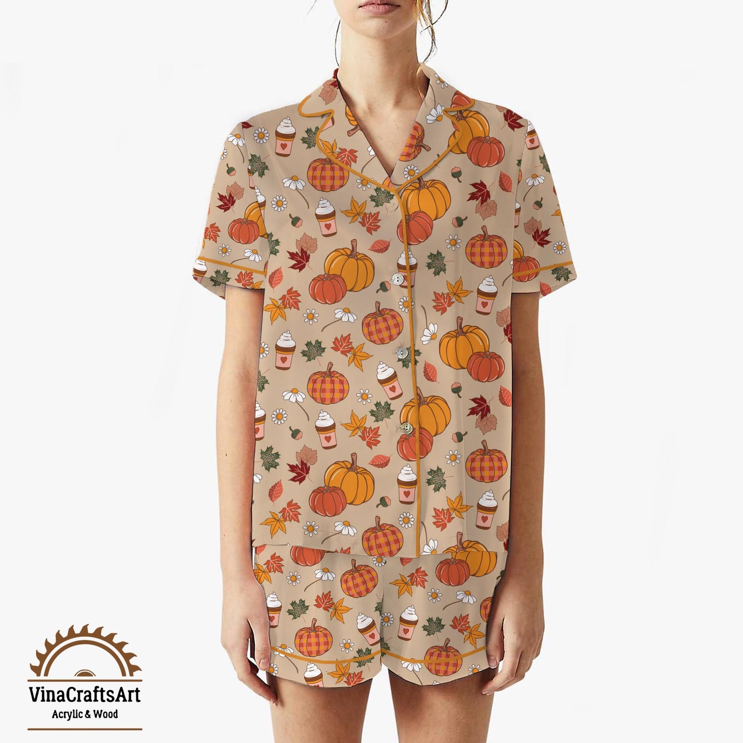 Pumpkin Spice Pajama Set – Cute Fall PJs for Women, Autumn Leaves & Latte Print Sleepwear, Cozy Thanksgiving Loungewear Gift