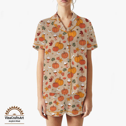 Pumpkin Spice Pajama Set – Cute Fall PJs for Women, Autumn Leaves & Latte Print Sleepwear, Cozy Thanksgiving Loungewear Gift