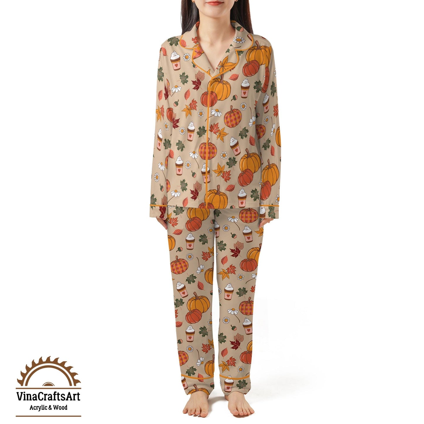 Pumpkin Spice Pajama Set – Cute Fall PJs for Women, Autumn Leaves & Latte Print Sleepwear, Cozy Thanksgiving Loungewear Gift