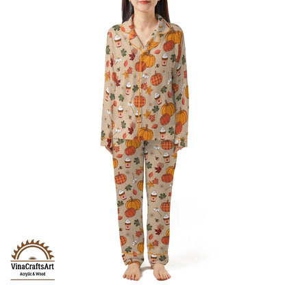 Pumpkin Spice Pajama Set – Cute Fall PJs for Women, Autumn Leaves & Latte Print Sleepwear, Cozy Thanksgiving Loungewear Gift
