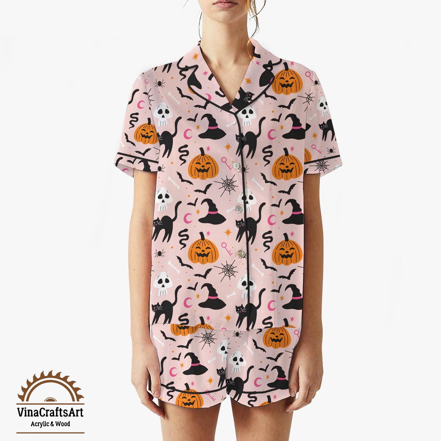 Halloween Pajama Set – Cute Pastel Spooky PJs with Black Cats, Skulls & Pumpkins, Cozy Fall Sleepwear, Women’s Halloween Gift