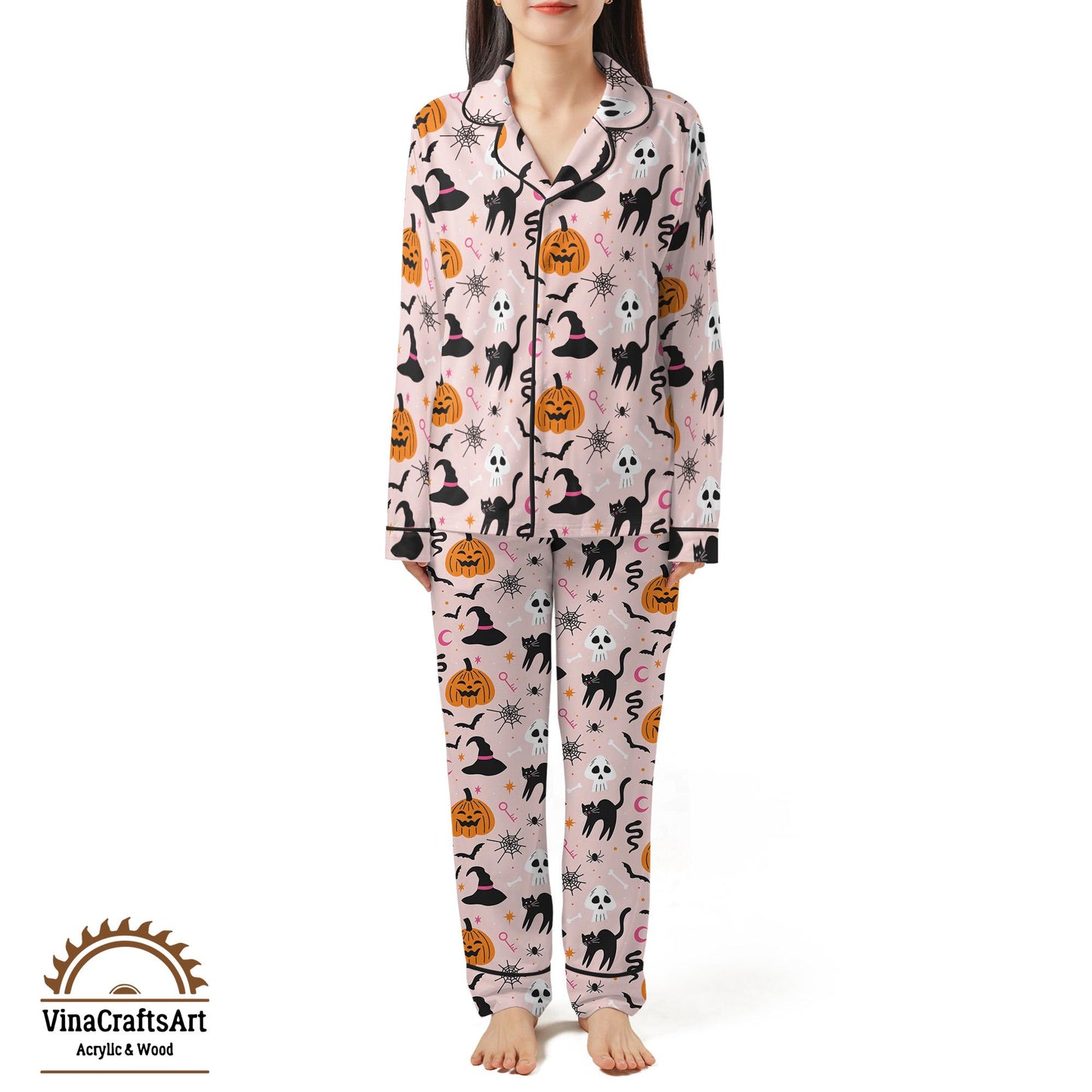 Halloween Pajama Set – Cute Pastel Spooky PJs with Black Cats, Skulls & Pumpkins, Cozy Fall Sleepwear, Women’s Halloween Gift
