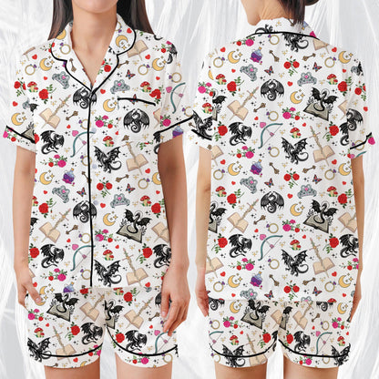 Romantasy Dragon Pajamas Set, Cute Bookish Sleepwear, Retro Fantasy Reader Home Wear Pajama Set, Girl Enemies To Lovers Reading Gift