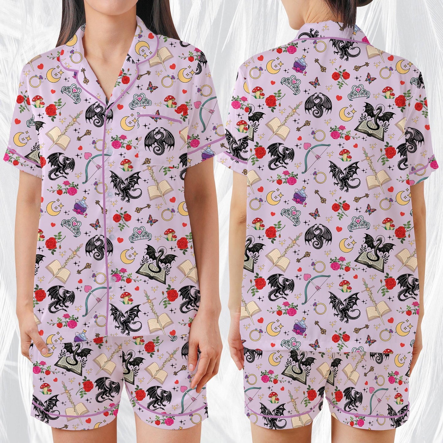 Romantasy Dragon Pajamas Set, Cute Bookish Sleepwear, Retro Fantasy Reader Home Wear Pajama Set, Girl Enemies To Lovers Reading Gift