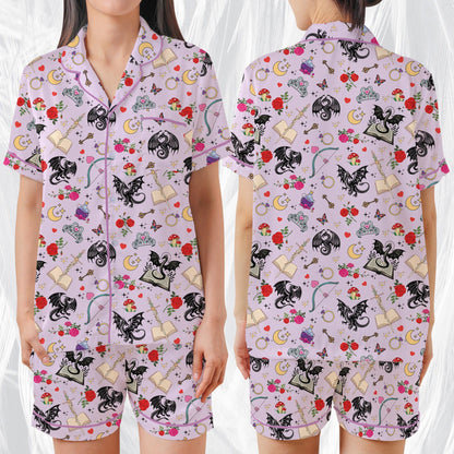 Romantasy Dragon Pajamas Set, Cute Bookish Sleepwear, Retro Fantasy Reader Home Wear Pajama Set, Girl Enemies To Lovers Reading Gift
