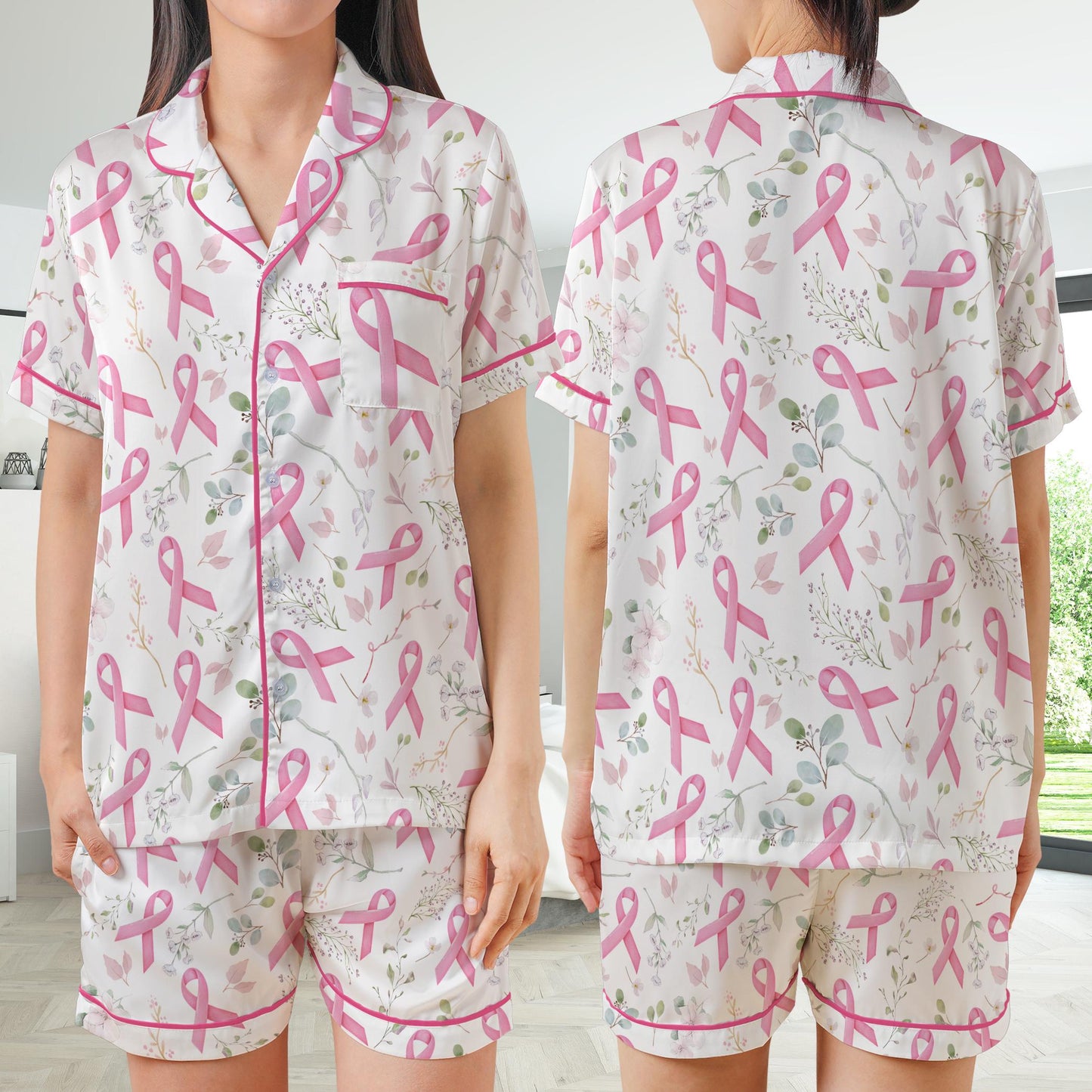 Breast Cancer Satin Pajamas Set, Wear Pink In October Pajama Set, Pink Ribbon Sleepwear, Floral Breast Cancer Support Gift for Fighter