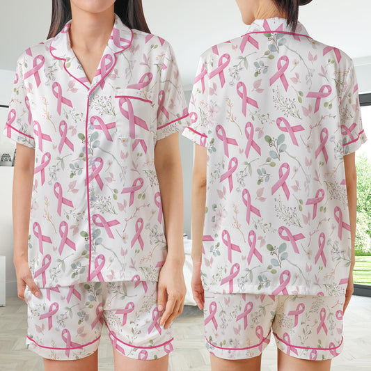 Breast Cancer Satin Pajamas Set, Wear Pink In October Pajama Set, Pink Ribbon Sleepwear, Floral Breast Cancer Support Gift for Fighter