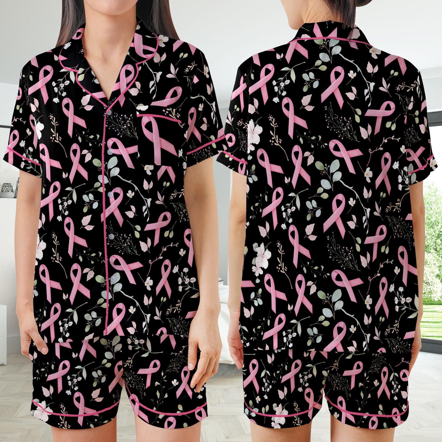 Breast Cancer Satin Pajamas Set, Wear Pink In October Pajama Set, Pink Ribbon Sleepwear, Floral Breast Cancer Support Gift for Fighter