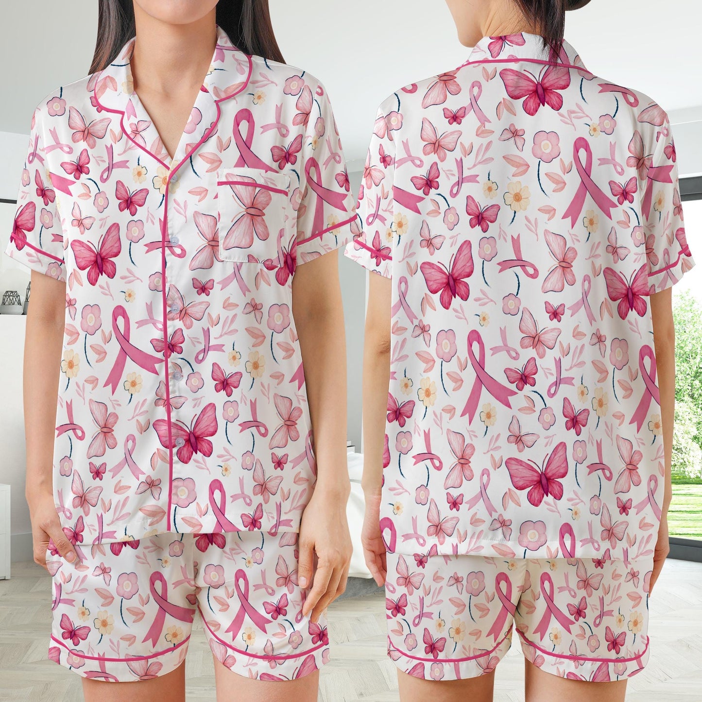 Cute Breast Cancer Awareness Satin Pajamas, Wear Pink In October Pajama Set, Pink Ribbon Sleepwear, Breast Cancer Support Gift