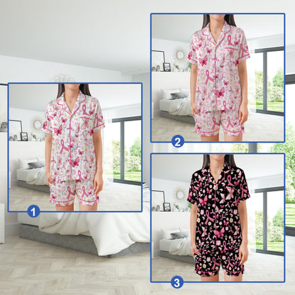 Cute Breast Cancer Awareness Satin Pajamas, Wear Pink In October Pajama Set, Pink Ribbon Sleepwear, Breast Cancer Support Gift