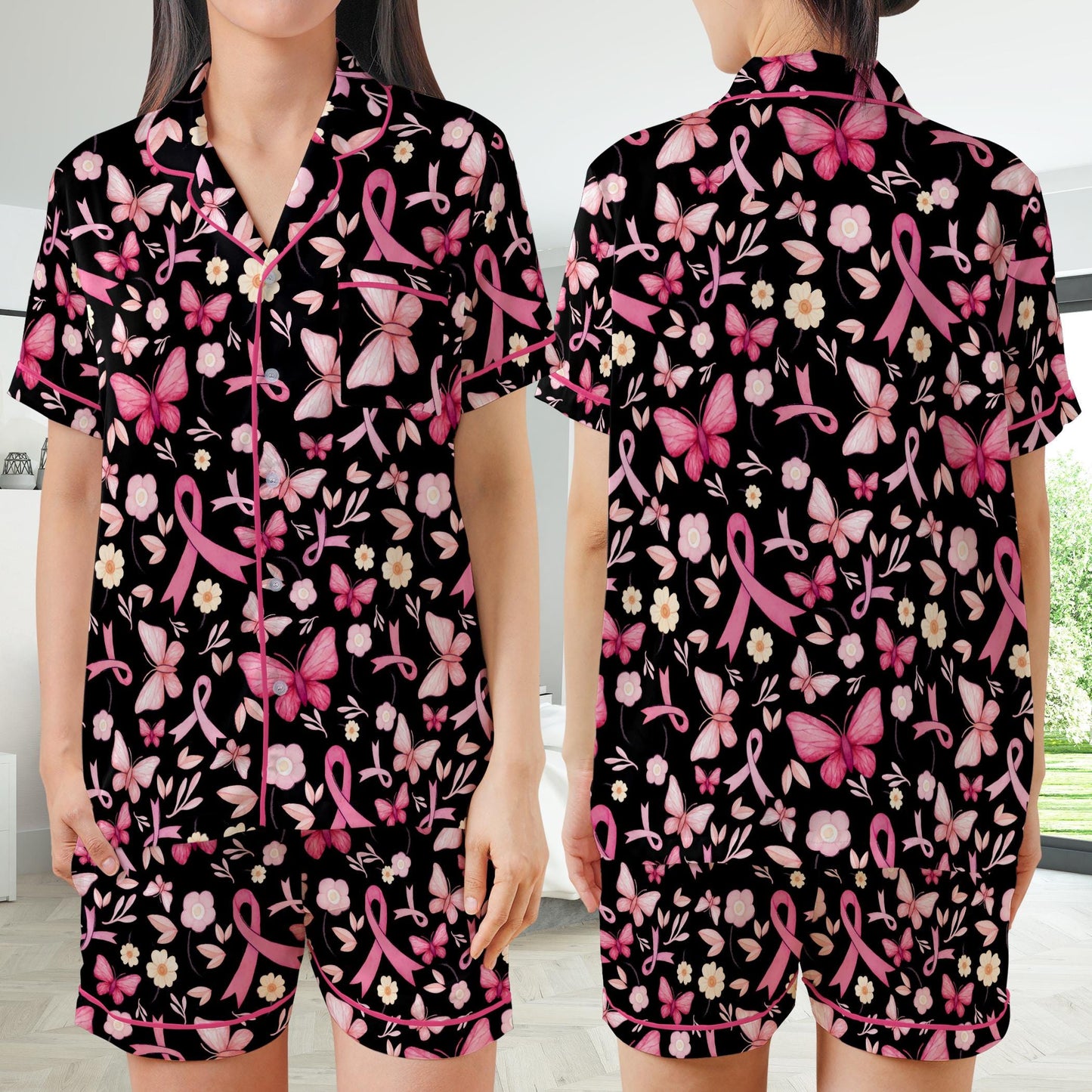 Cute Breast Cancer Awareness Satin Pajamas, Wear Pink In October Pajama Set, Pink Ribbon Sleepwear, Breast Cancer Support Gift