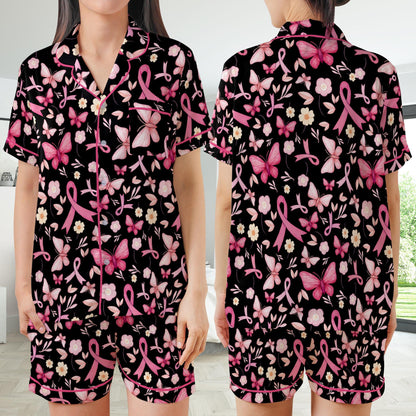 Cute Breast Cancer Awareness Satin Pajamas, Wear Pink In October Pajama Set, Pink Ribbon Sleepwear, Breast Cancer Support Gift