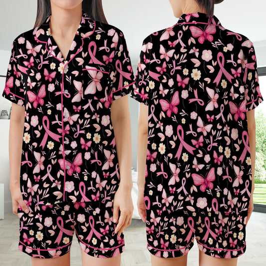 Cute Breast Cancer Awareness Satin Pajamas, Wear Pink In October Pajama Set, Pink Ribbon Sleepwear, Breast Cancer Support Gift