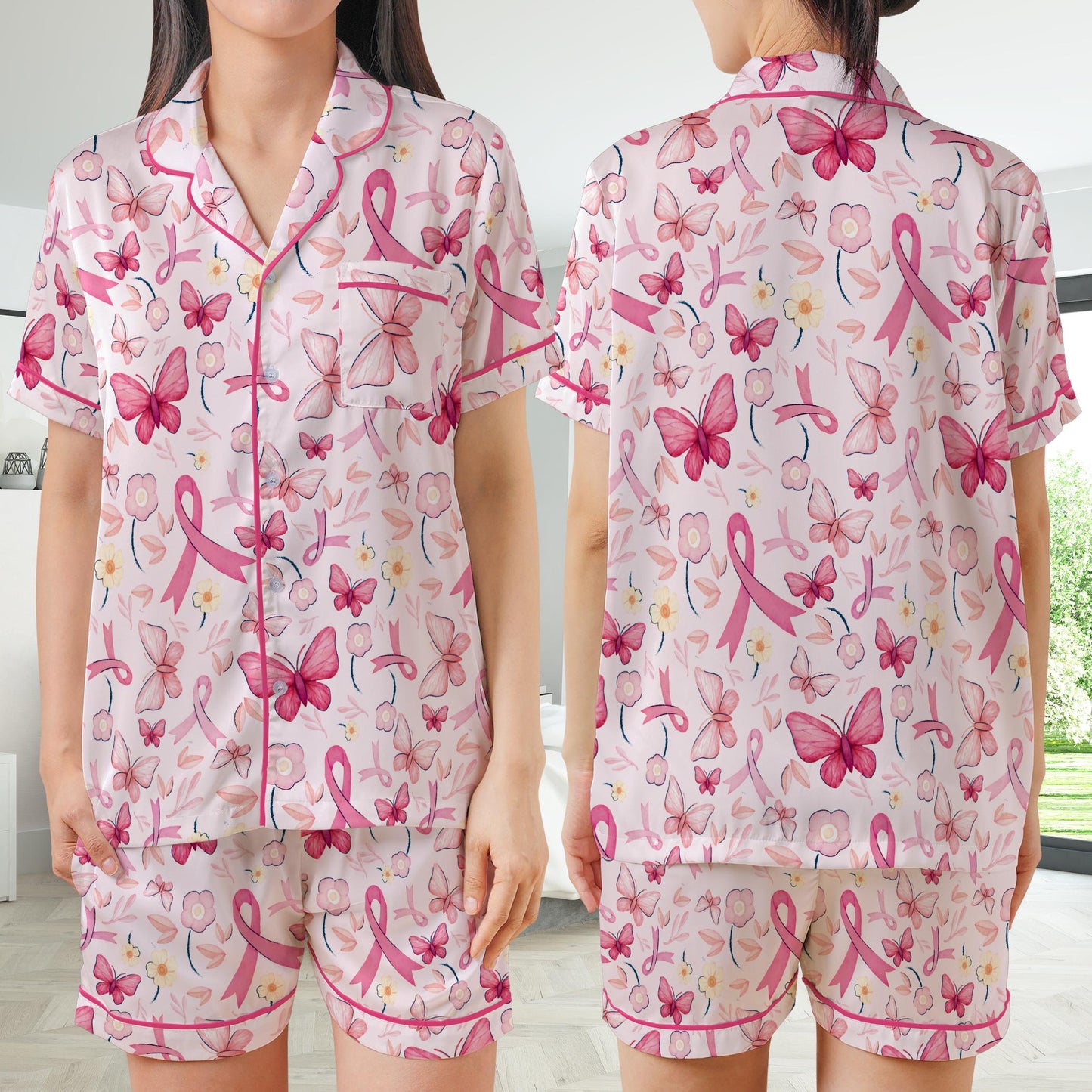 Cute Breast Cancer Awareness Satin Pajamas, Wear Pink In October Pajama Set, Pink Ribbon Sleepwear, Breast Cancer Support Gift