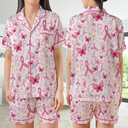 Cute Breast Cancer Awareness Satin Pajamas, Wear Pink In October Pajama Set, Pink Ribbon Sleepwear, Breast Cancer Support Gift