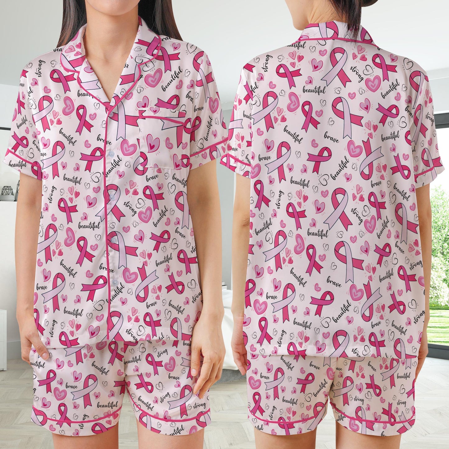 Pink Ribbon Satin Pajamas Set, Wear Pink In October Pajama Set, Breast Cancer Awareness Sleepwear Floral Breast Cancer Support Pajamas Gift