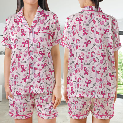 Pink Ribbon Satin Pajamas Set, Wear Pink In October Pajama Set, Breast Cancer Awareness Sleepwear Floral Breast Cancer Support Pajamas Gift