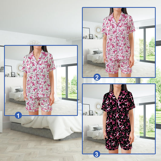 Pink Ribbon Satin Pajamas Set, Wear Pink In October Pajama Set, Breast Cancer Awareness Sleepwear Floral Breast Cancer Support Pajamas Gift