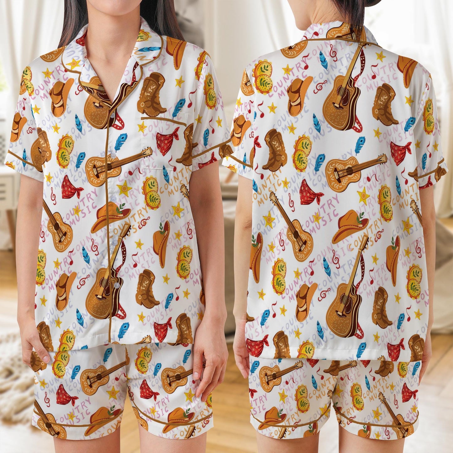 Country Music Pajamas Set Satin , All Over Print Short Sleeve Pajamas , Cozy Women’s Sleepwear