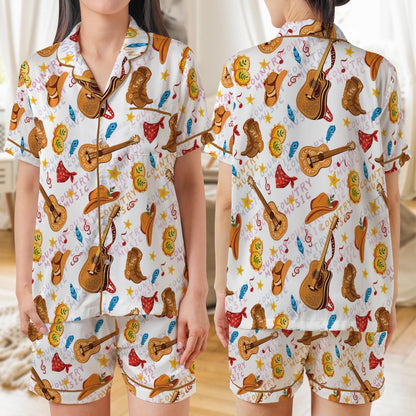 Country Music Pajamas Set Satin , All Over Print Short Sleeve Pajamas , Cozy Women’s Sleepwear