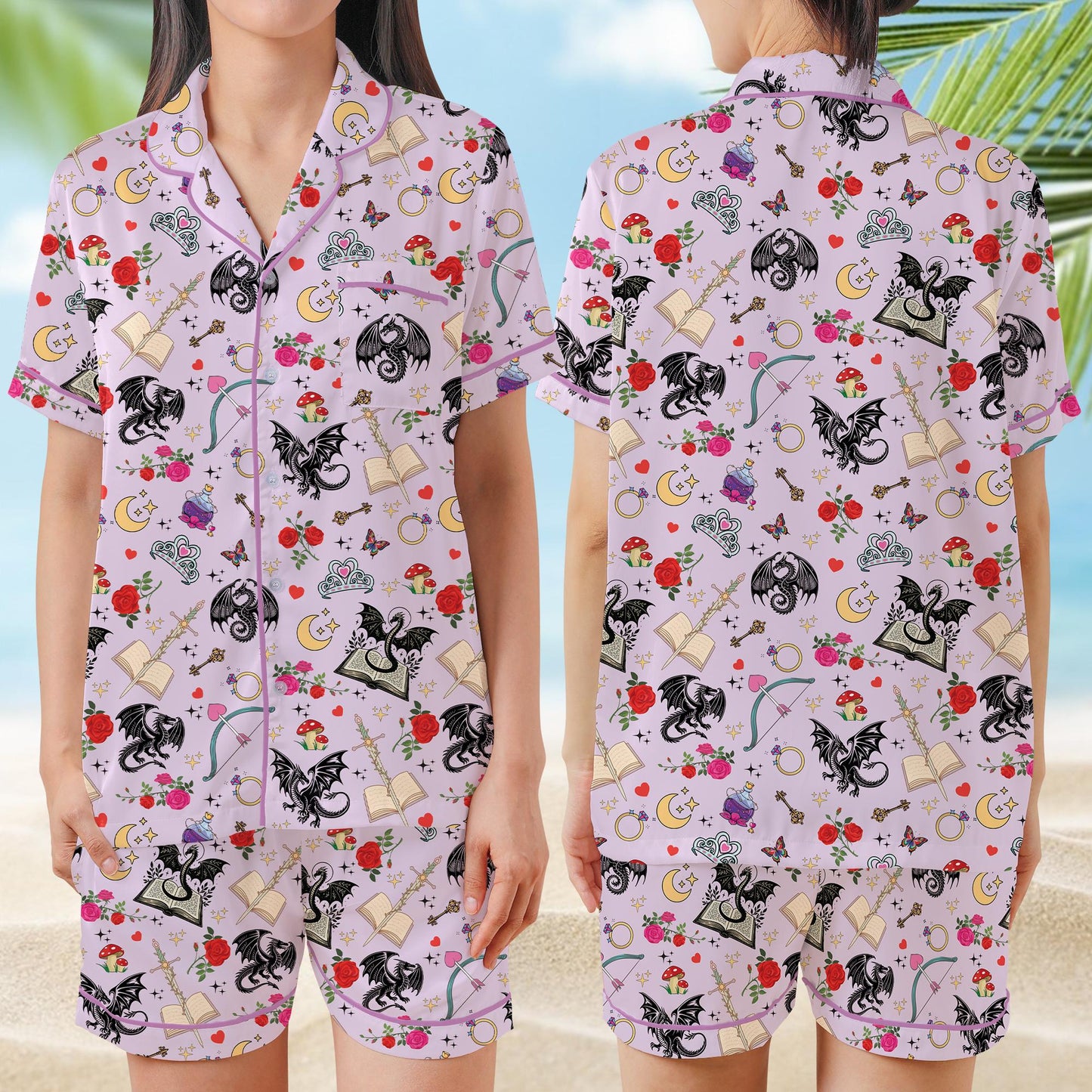 Romantasy Dragon Book Pajamas Set, Fantasy Book Lover Sleepwear, Bookish Girl Short Long Sleeve Pajama Set, Gift For Readers And Dreamers