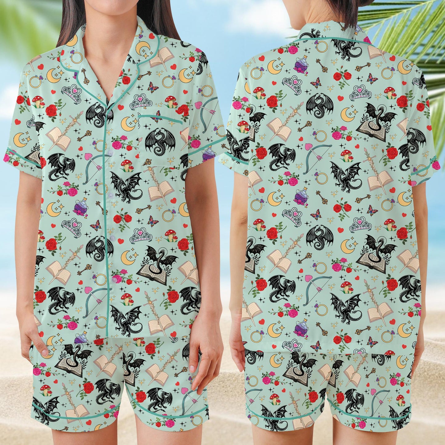 Romantasy Dragon Book Pajamas Set, Fantasy Book Lover Sleepwear, Bookish Girl Short Long Sleeve Pajama Set, Gift For Readers And Dreamers